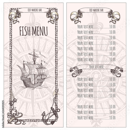 Adventure stories. Pirate background. Vintage border frame. Old caravel, vintage sailboat. Menu