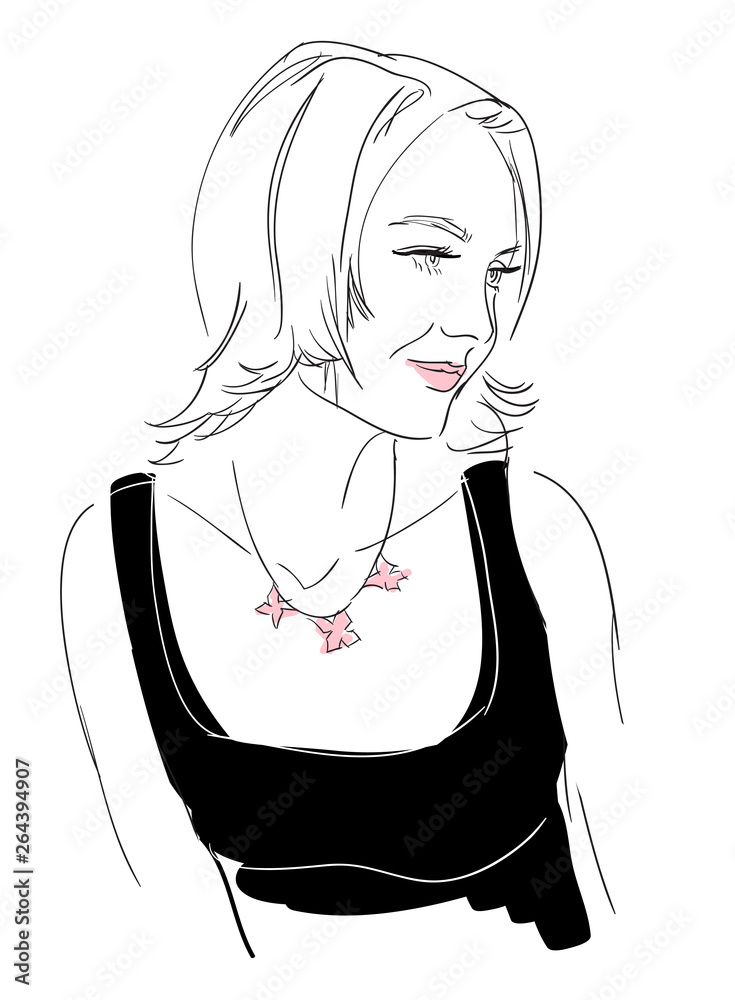 Fashion illustration of girl. Continuous line drawing of female face and hairstyle, minimalism, woman beauty, vector illustration for t-shirt design, print graphics style. Quick sketch. Fashion illustration of girl. Continuous line drawing of female face and hairstyle, minimalism, woman beauty, vector illustration for t-shirt design, print graphics style. Quick sketch.