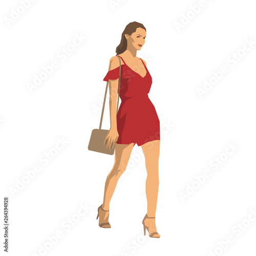 Sexy woman in red summer clothes walking with handbag, isolated geometric vector illustration