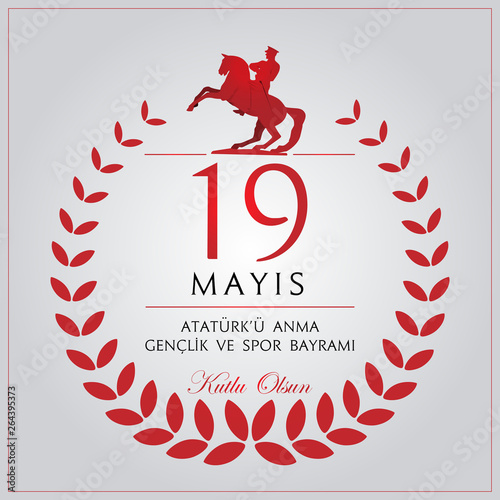 vector illustration 19 mayis Ataturk'u Anma, Genclik ve Spor Bayramiz , translation: 19 may Commemoration of Ataturk, Youth and Sports Day, graphic design to the Turkish holiday, children logo. photo