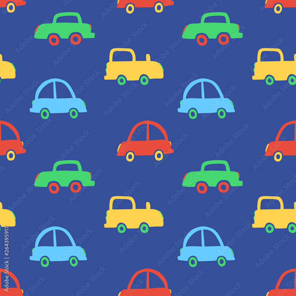 Colorful Cars cute seamless pattern. Print for kids. Toys vector hand drawn illustration