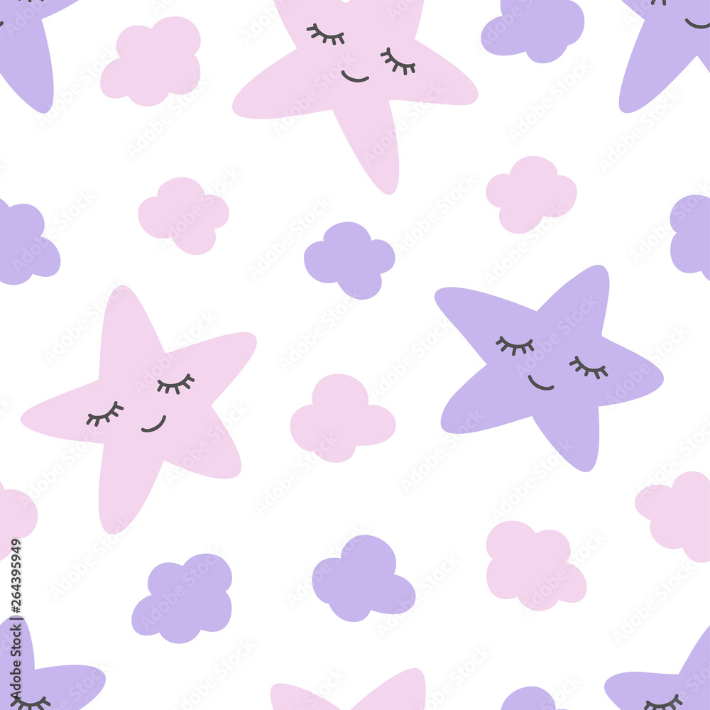 Clouds and stars with eyes and smile cute seamless pattern. Print for kids. Vector hand drawn illustration