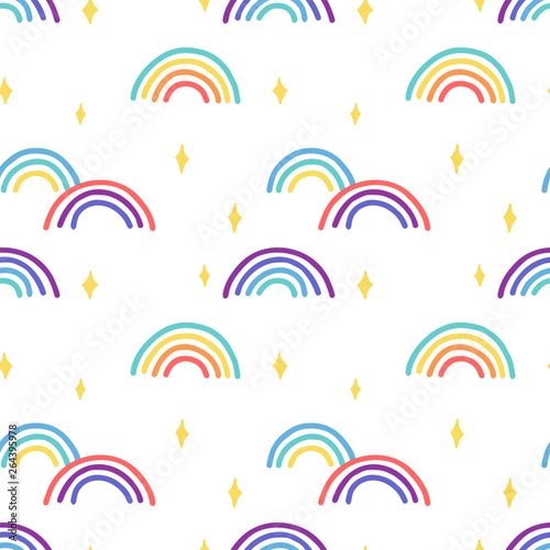 Rainbow and stars cute seamless pattern. Cute kids texture. Vector hand drawn illustration