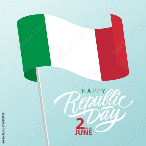 Italian Republic Day, june 2 greeting card with waving national flag of Italy. Vector Illustration. 