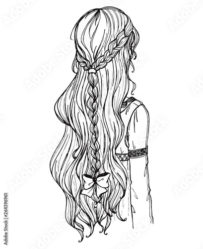 Black white longhair manga anime style isolated sketch line art