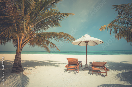 Chairs and umbrella on tropical beach. Luxury travel and vacation background © icemanphotos