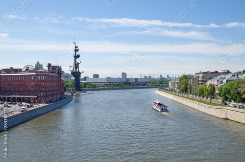 Moscow, Russia - June 15, 2018: Summer view of Bersenevskaya, Prechistenskaya and Krymskaya embankments and monument to Peter the Great