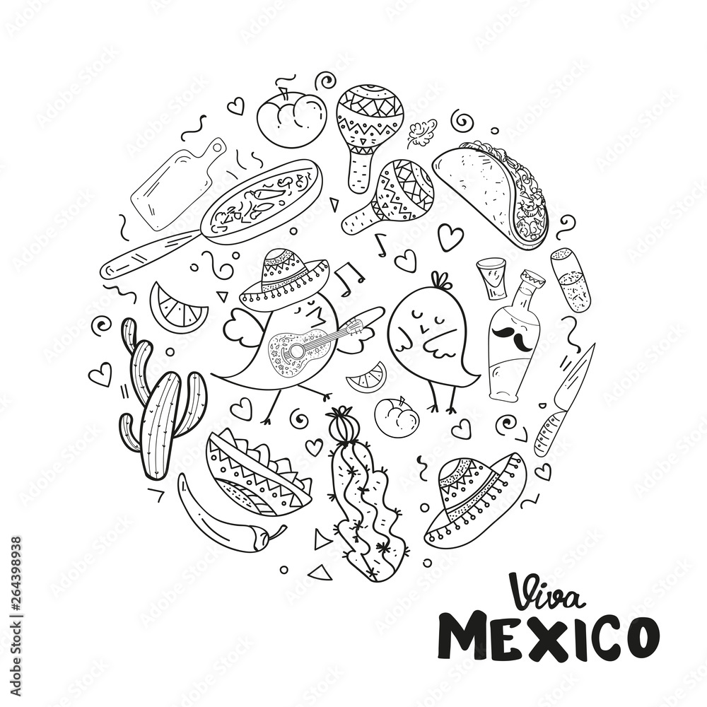 Coloring Page,Book and Antistress freehand sketch.Viva Mexico hand
