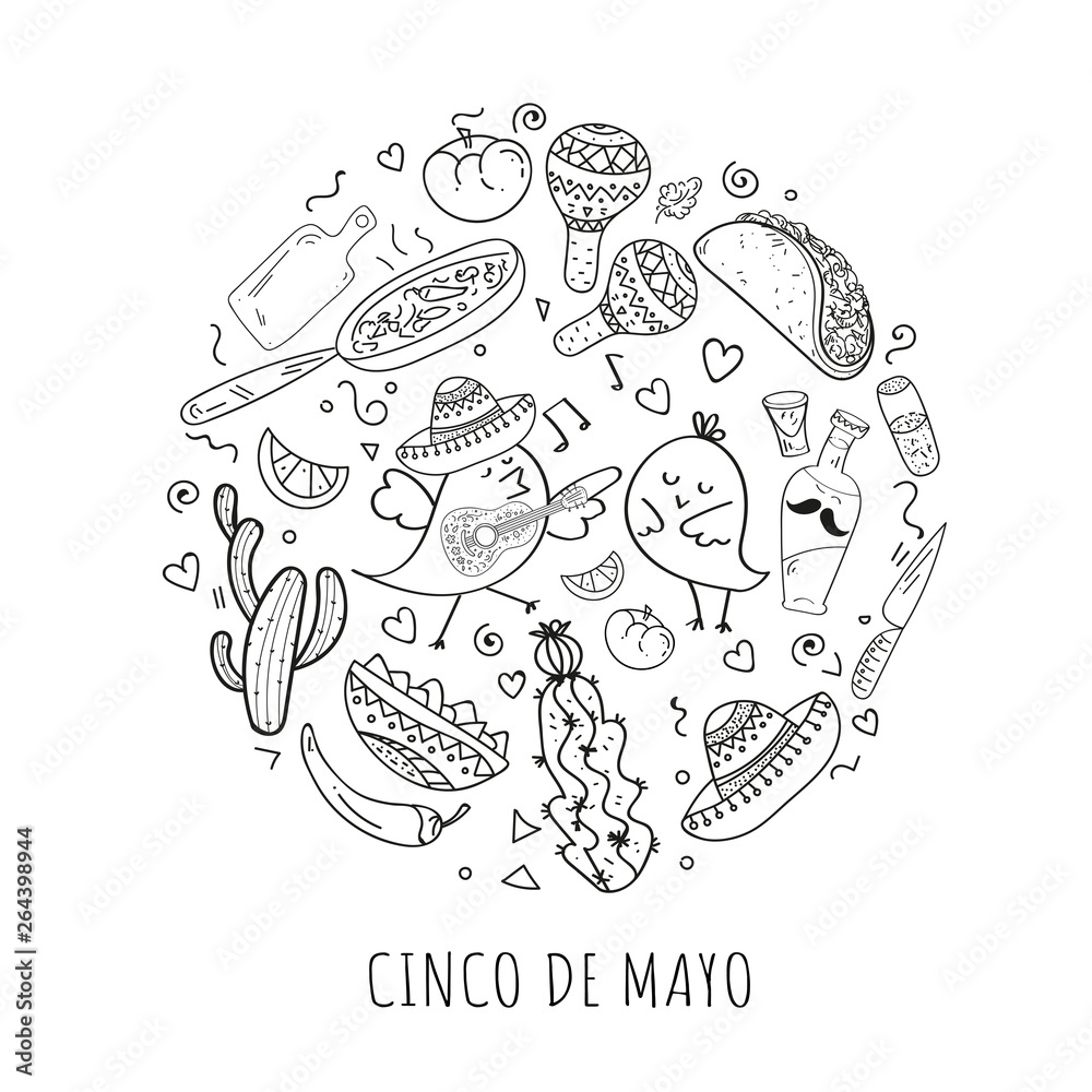 Coloring Page,Book and Antistress freehand sketch hand lettering calligraphy with mexican sombrero,bottle tequila,maraca.Used for greeting card, poster design.Vector illustration.