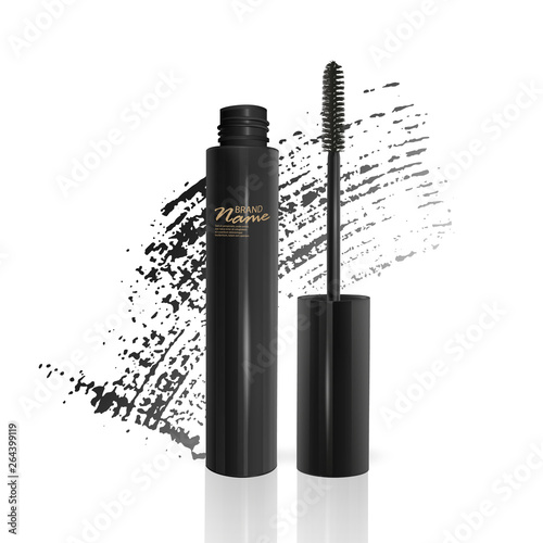 A mascara tube and a wand applicator. Cosmetic black bottle with eyelash brush. Isolated on white background. black brush stroke, 3d realistic vector illustration