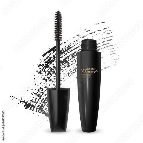 A mascara tube and a wand applicator. Cosmetic black bottle with eyelash brush. Isolated on white background. black brush stroke, 3d realistic vector illustration