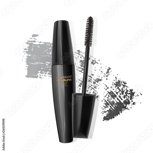 A mascara tube and a wand applicator. Cosmetic black bottle with eyelash brush. Isolated on white background. black brush stroke, 3d realistic vector illustration