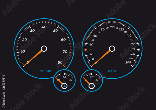 Vector dashboard with speedmeter, tachometer, temperature gauge, gas gauge. On black background.