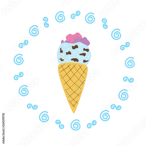 Romantic illustration with stylish ice cream. Lovely childish card in summer colors.  Greeting card, poster, banner illustration. Isolated scandinavian cartoon illustration.