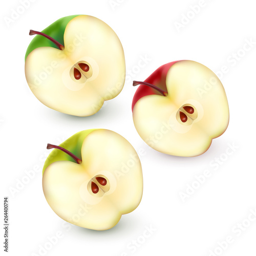 Set of Apple halves on white background, vector illustration with Apple slices of red, green and yellow colors
