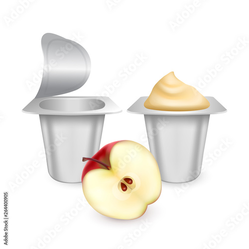 Set of White matte plastic pots for yogurt, cream, dessert or jam. Photorealistic packaging mockup template. yogurt cream with fresh strawberry isolated on white background, Vector EPS 10