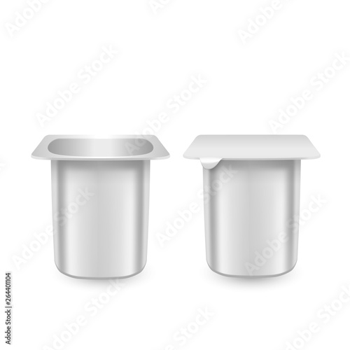 Set of realistic plastic packages with yogurt. Dairy sour cream with foil lid. Mockup of White plastic pots with foil cover for yogurt and other products. Elements for ad poster, promo banner of food.