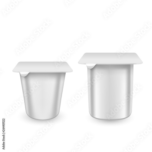 Set of realistic plastic packages with yogurt. Dairy sour cream with foil lid. Mockup of White plastic pots with foil cover for yogurt and other products. Elements for ad poster, promo banner of food.
