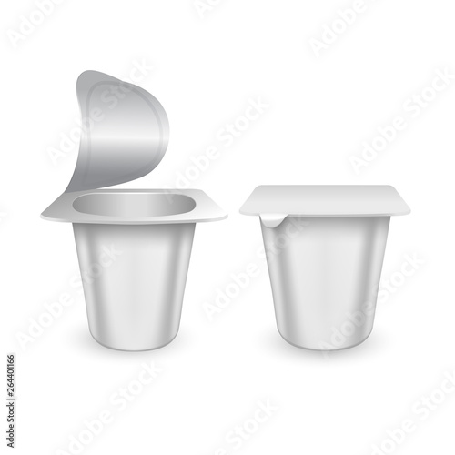 Set of realistic plastic packages with yogurt. Dairy sour cream with foil lid. Mockup of White plastic pots with foil cover for yogurt and other products. Elements for ad poster, promo banner of food.