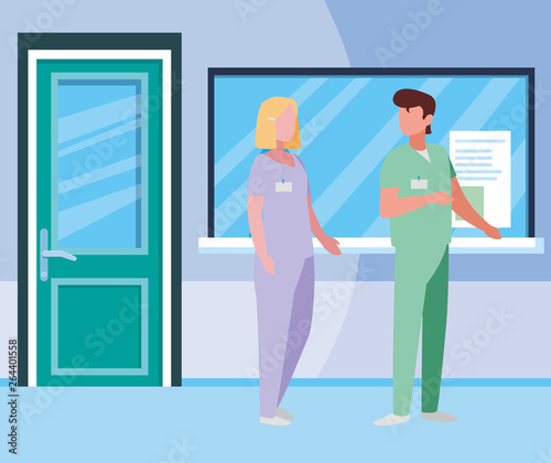 couple medicine workers in hospital reception