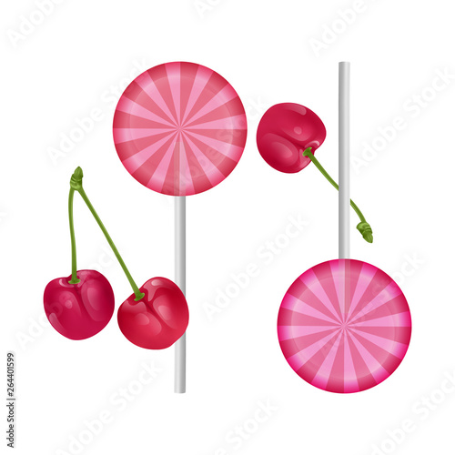 The sweet realistic lollipops in pink color. Sweet lollipops of round shape with cherry flavor. Vector illustration.