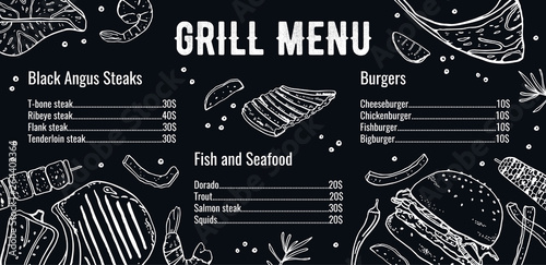 Grill menu horizontal design template with list of meat, fish and burgers. Outline vector hand drawn sketch illustration with different food white on blackboard background
