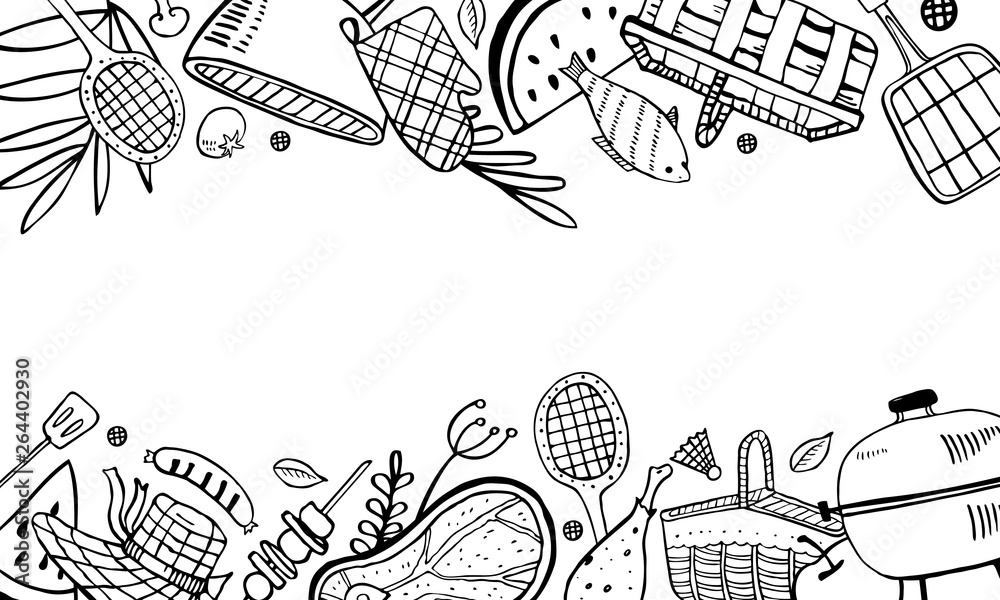 Rectangular frame with picnic, summer eating out and barbecue objects on top and bottom. Outline vector sketch illustration black on white background