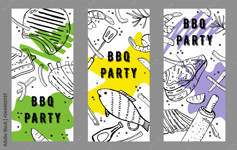 Fototapeta premium Set of three BBQ party flyers design template. Outline sketch vector hand drawn illustration with different grilled food and colorful spots on white background