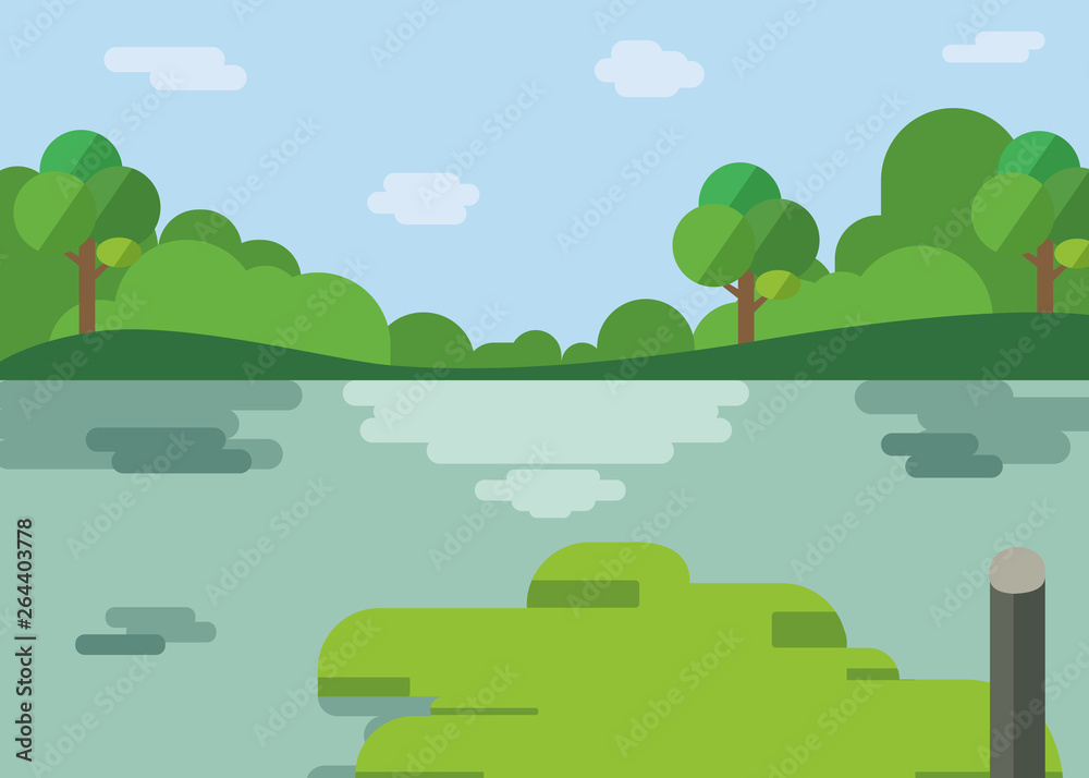 Nature landscape cartoon design.Beautiful lake with forest in flat style.River with hills, trees , clouds and sky background.