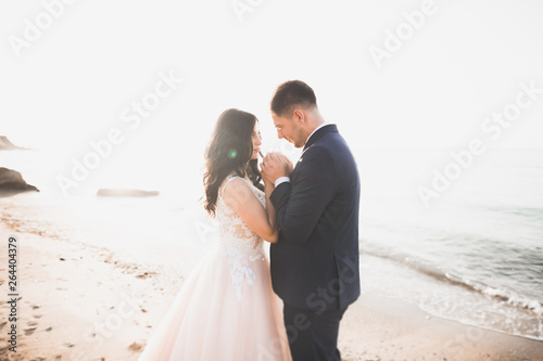 Elegant stylish happy wedding couple, bride, gorgeous groom on the background of sea and sky © olegparylyak