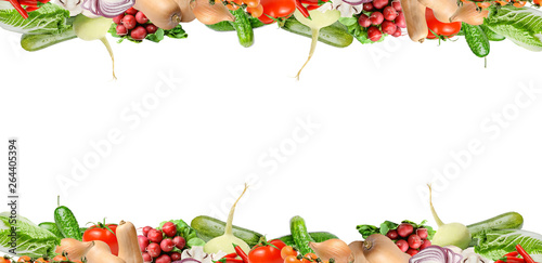 Fototapeta Naklejka Na Ścianę i Meble -  Composition with various types of vegetables in the upper and lower part of the frame. White isolated background. Place for text.