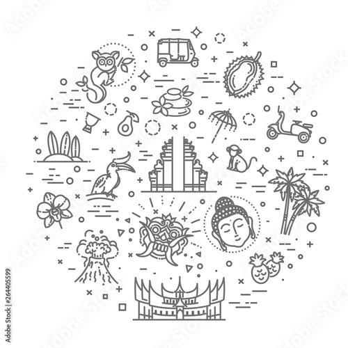 Indonesia icons set. Attractions, line design. Tourism in Indonesia, isolated vector illustration. Traditional symbols