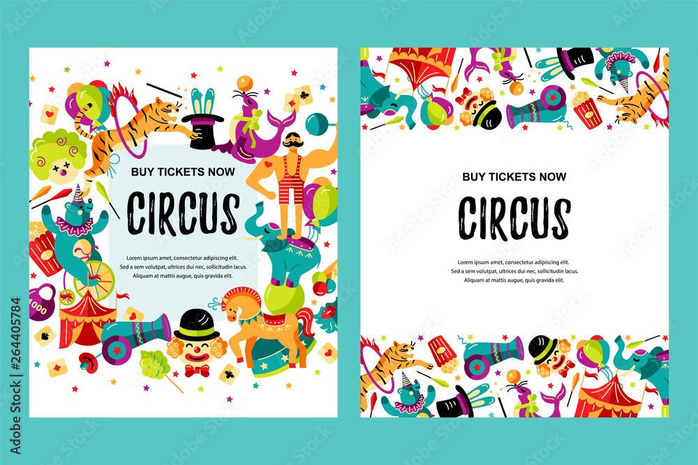 Fototapeta premium Circus. Vector illustration set with animals, clowns and magicians. Template for circus show, party invitation, poster, kids birthday. Flat style.