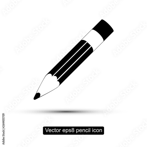 Pencil with eraser flat black icon with shadow