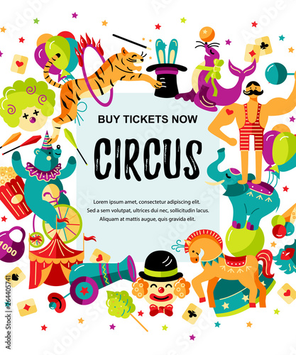 Circus. Vector illustration with animals, clowns and magicians. Template for circus show, party invitation, poster, kids birthday. Flat style.