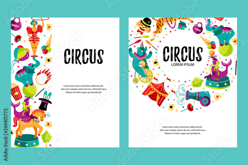 Circus. Vector illustration set with animals, clowns and magicians. Template for circus show, party invitation, poster, kids birthday. Flat style.
