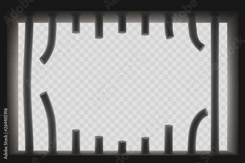 Window with sawed prison bars. Jail break.