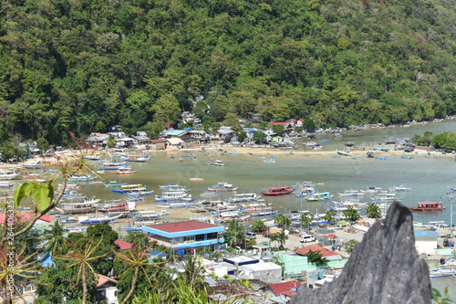 A small town which became a tourist destination because of the beautiful islands and outdoor activities. View seen from Taraw Cliff in El Nido, Palawan, Philippines. photo