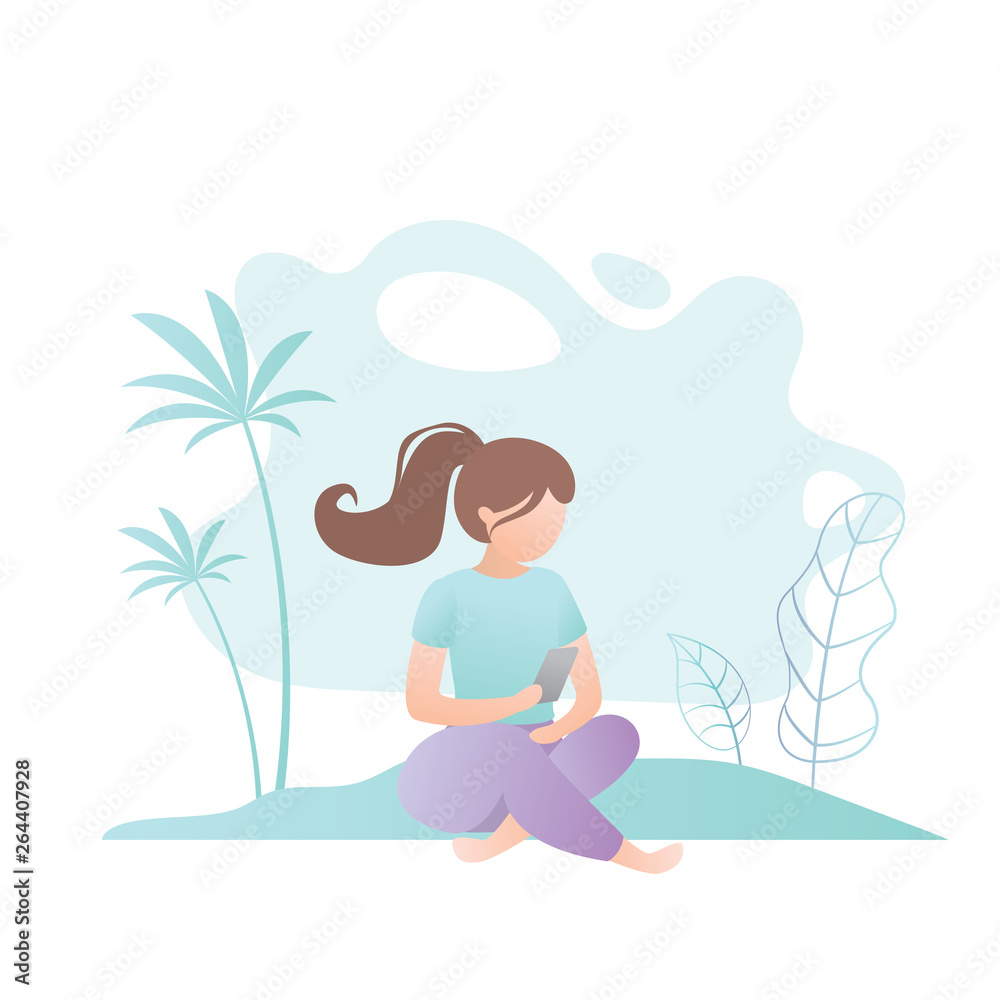Girl sitting with a smartphone in hand, park or beach on background