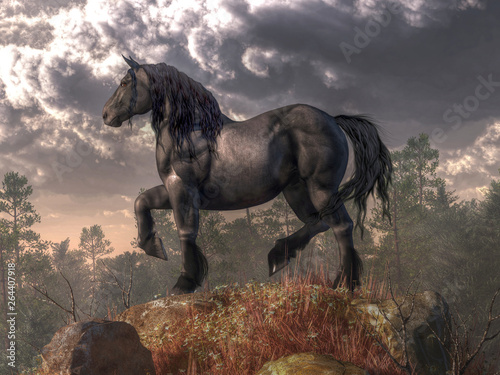 Atop the hill stands a majestic horse with a dark grey coat, brown eyes, and a black mane and tail.  Overhead, foreboding clouds fill the sky. 3D Rendering © Daniel Eskridge