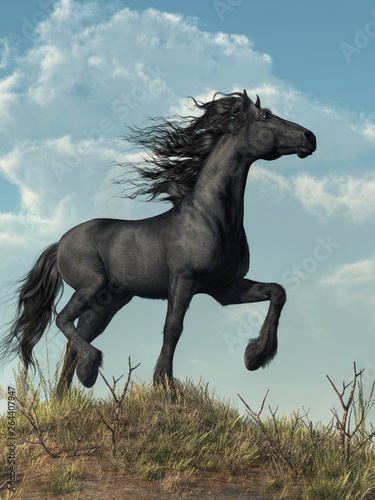 A black horse stands on a weedy, rocky hillside looking out at a crescent moon over a forested horizon. A wind blows through the animals black mane and tail. 3D Rendering