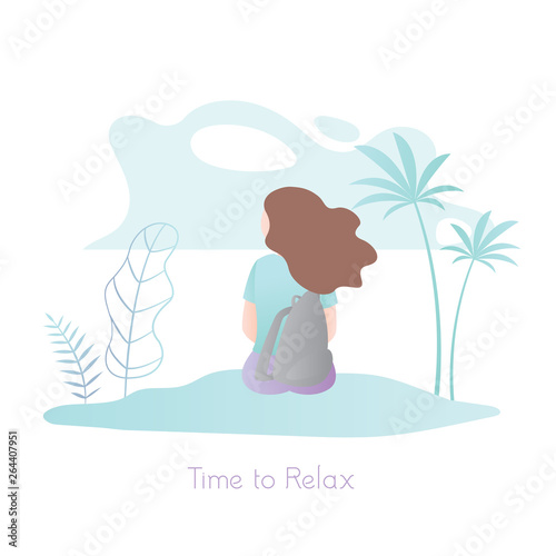 Girl sitting in nature,female character back view, park or beach on background