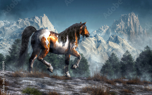 A brown and white pinto coated horse with a dark mane and tail trots across a snow covered field towards a forest of fir trees. In the distance, rocky mountains just into the sky. 3D Rendering