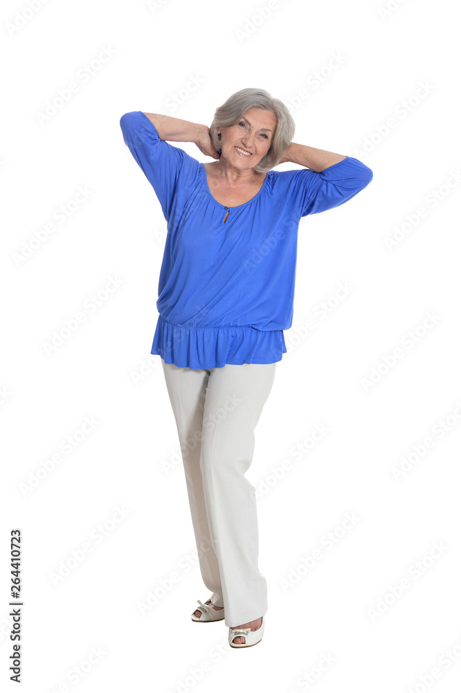 Fototapeta premium Full length, happy senior woman posing, isolated