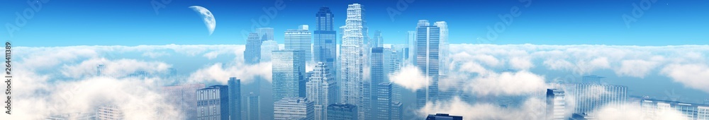 Panorama of the modern city in the clouds, skyscrapers among the clouds