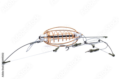 spiral cone feeders for fishing on a white background, isolate, close-up