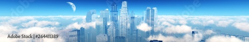 Panorama of the modern city in the clouds  skyscrapers among the clouds