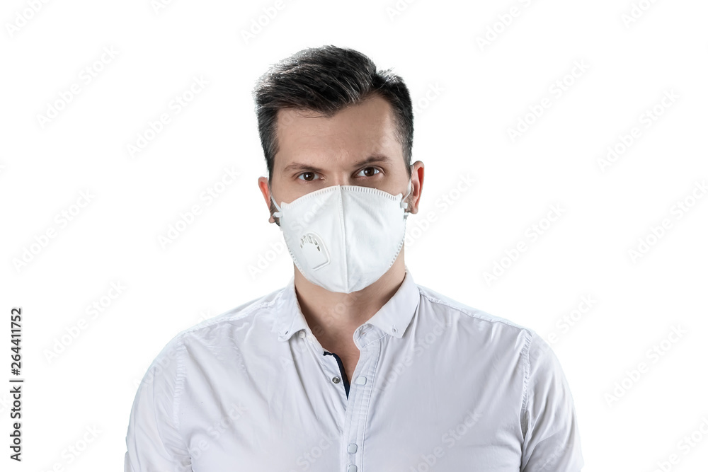 A man in a white dust mask isolated on white background. A man in a white dust mask isolated on white background.