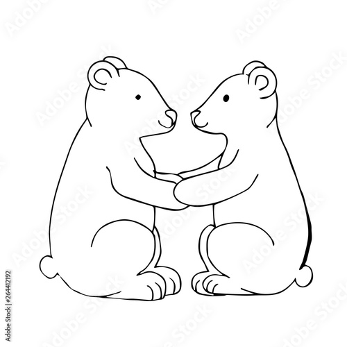 Black white vector illustration. Two polar bears sit facing each other and hold on to their paws. Template for a romantic greeting card. Coloring page.
