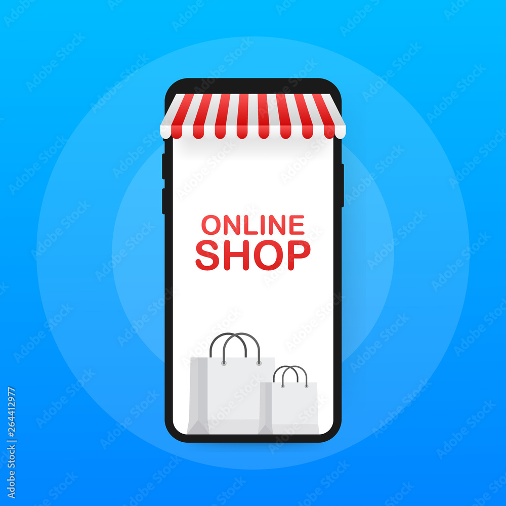 Naklejka premium Shopping Online on Website. Online store, shop concept on smartphone screen. Vector illustration.